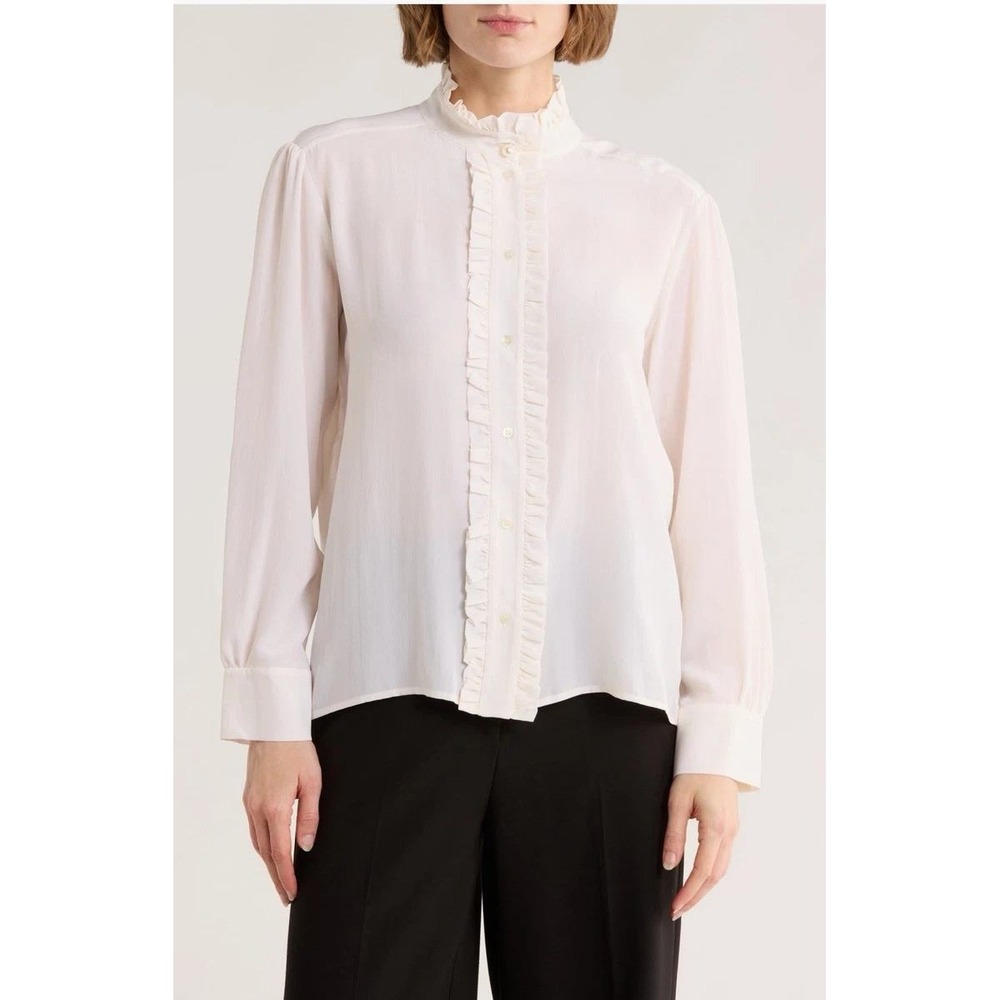 Sandro Paris 100% Silk Ruffle Neck Blouse Ivory Off-White Button Up